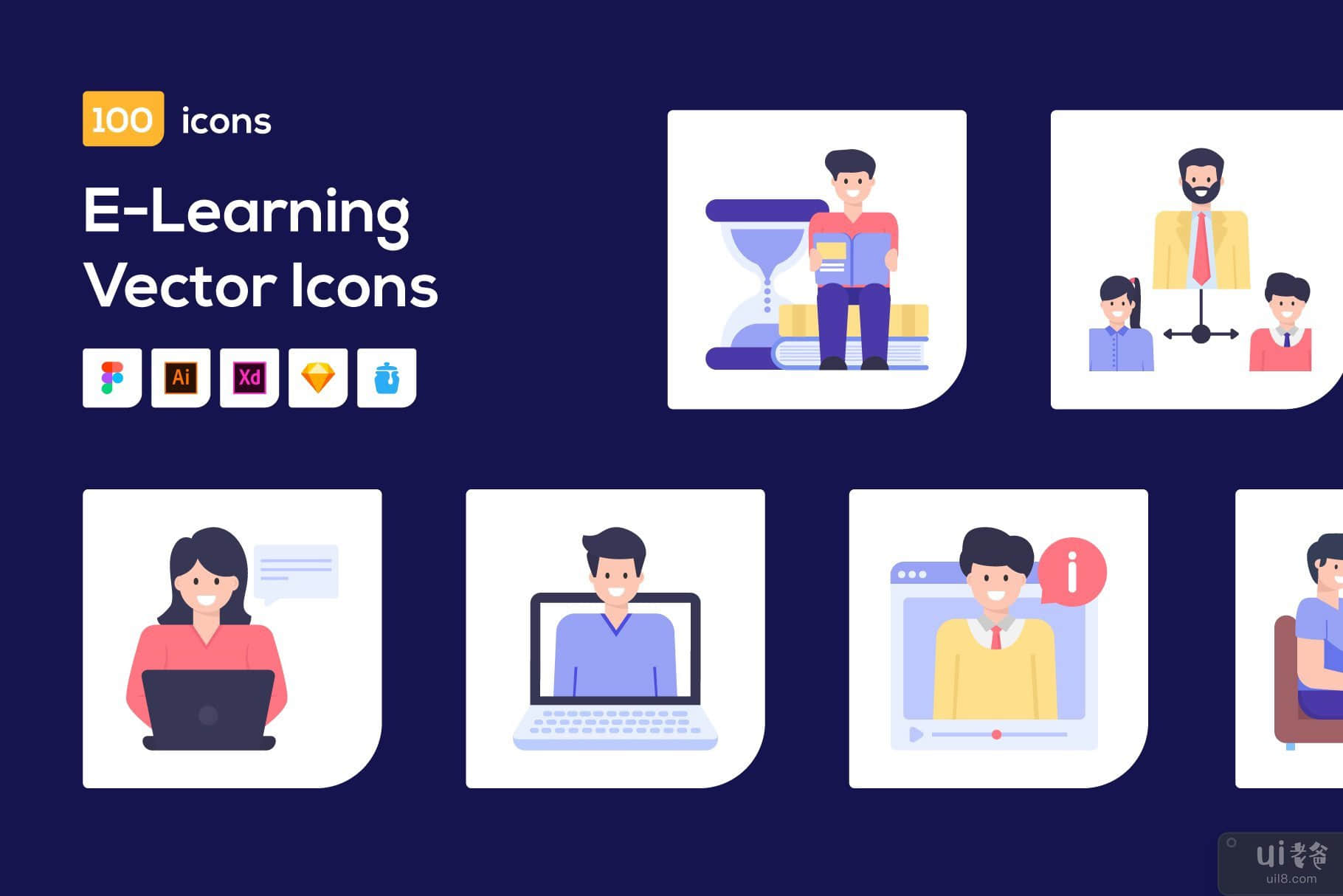 100 个电子学习字符矢量图标(100 E-Learning Character Vector Icons)插图9