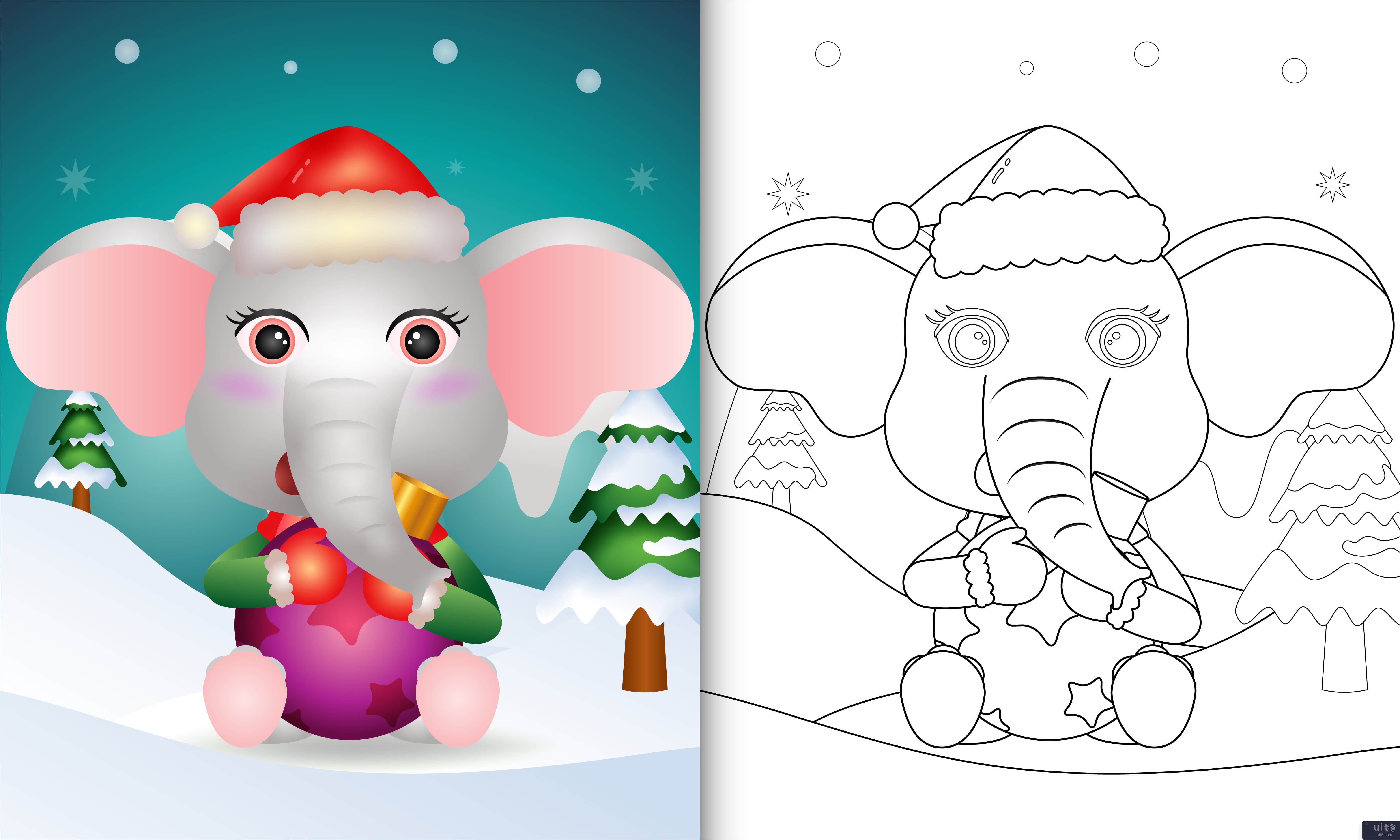 着色书与可爱的大象拥抱圣诞球(coloring book with a cute elephant hug christmas bal)插图2
