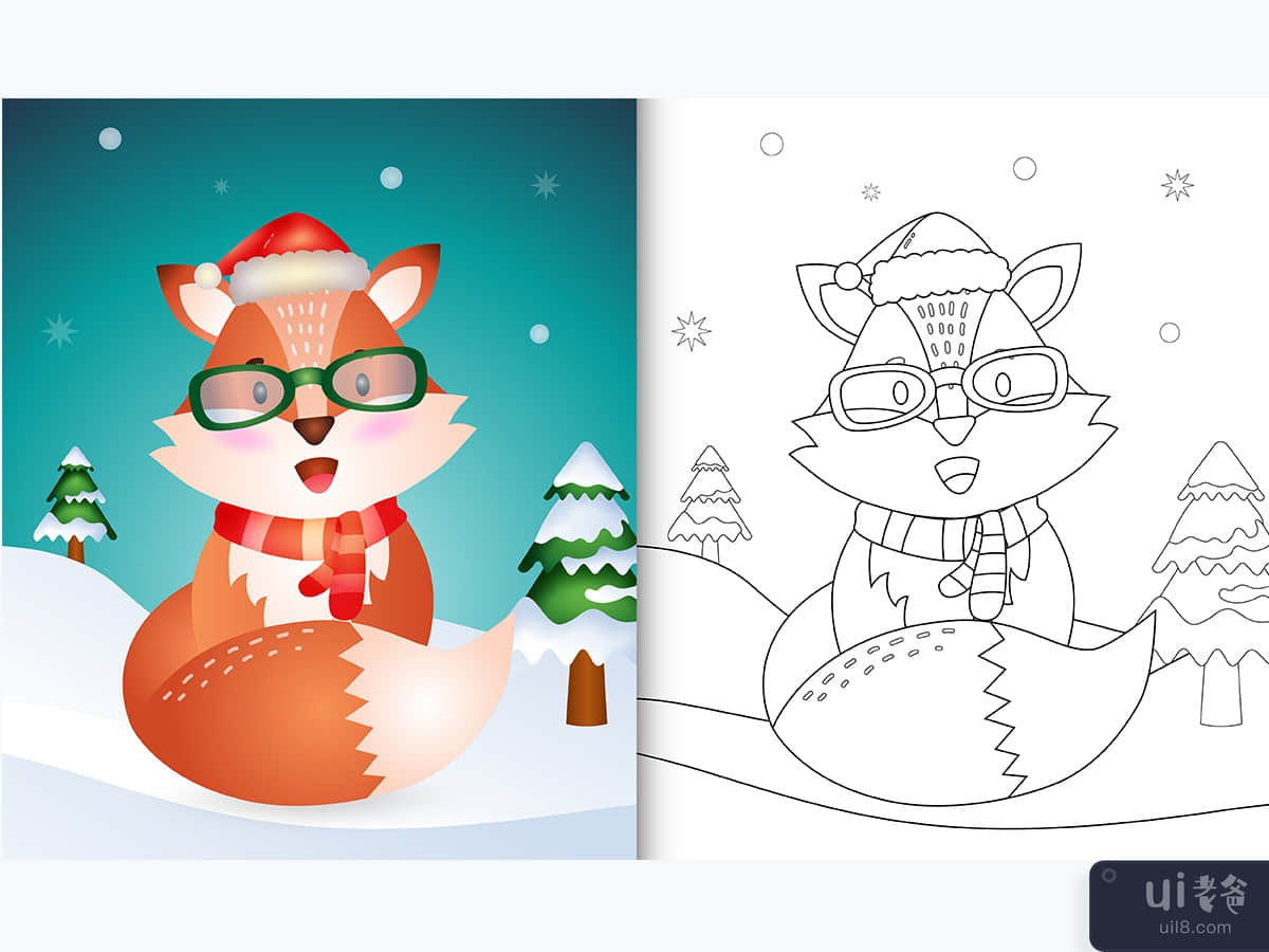 coloring book with a cute fox christmas characters