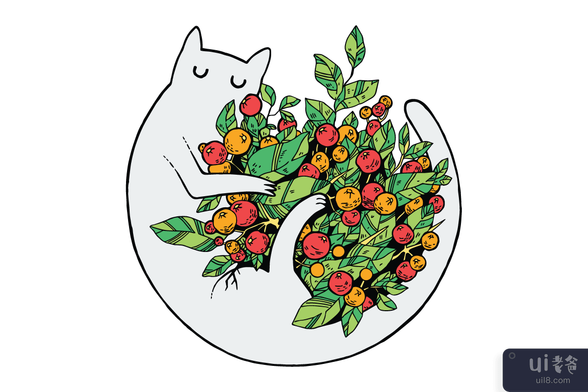 猫与花草稿插图(Cat with Flowers Scratchboard Illustration)插图2