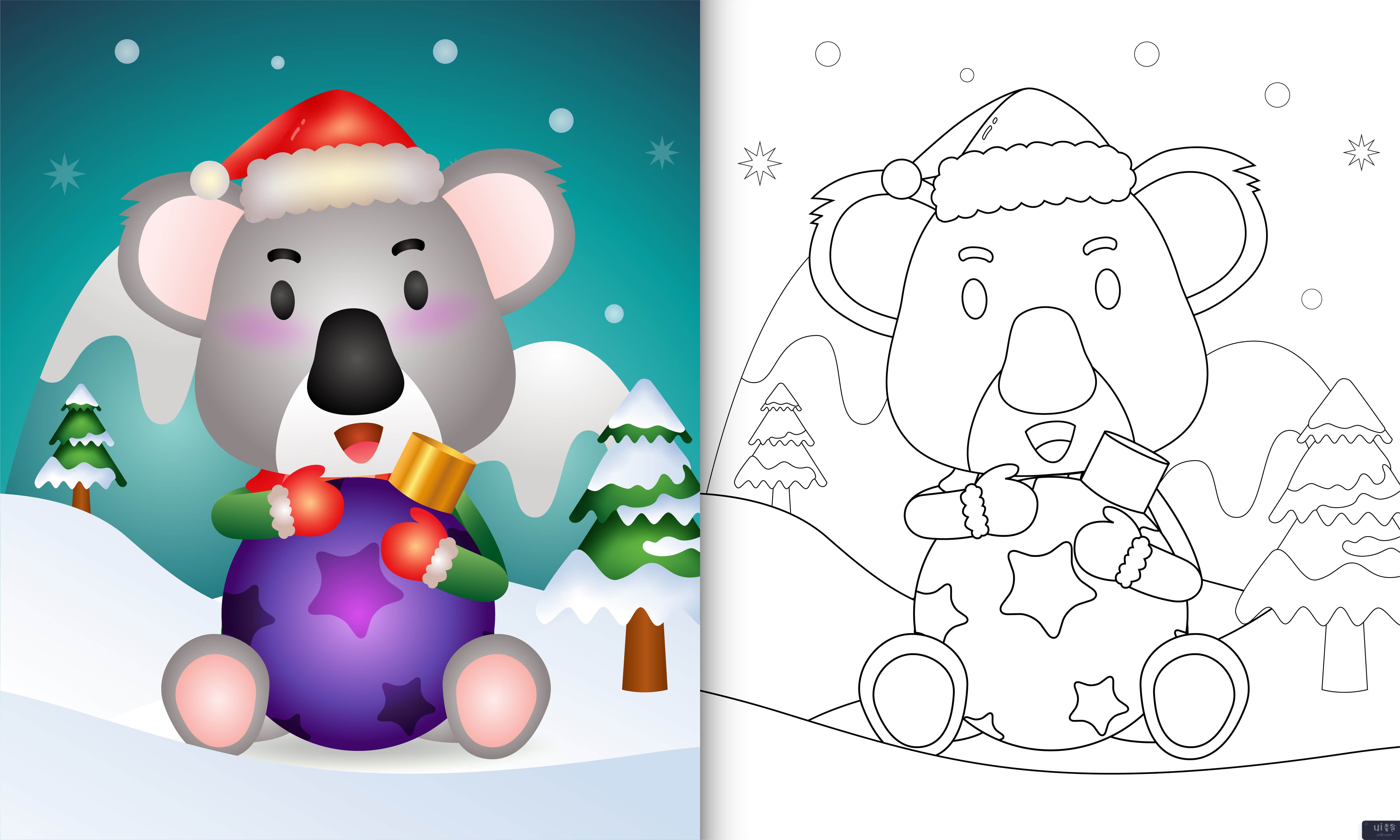 着色书与可爱的考拉拥抱圣诞球(coloring book with a cute koala hug christmas ball)插图2