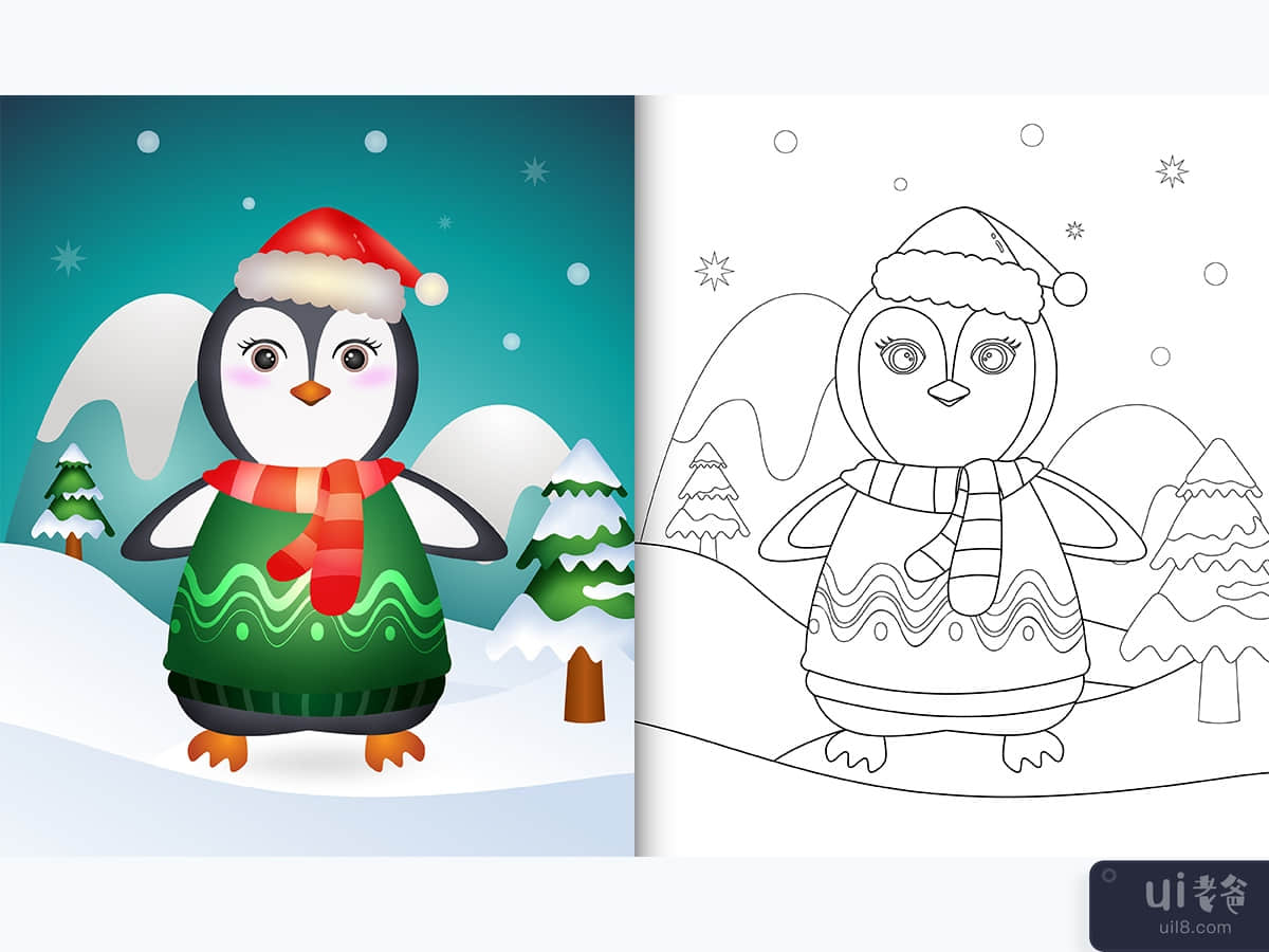 带有可爱企鹅圣诞节的图画书(coloring book with a cute penguin christmas)插图2