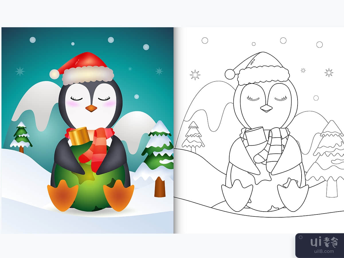 coloring book with a cute penguin hug christmas ball