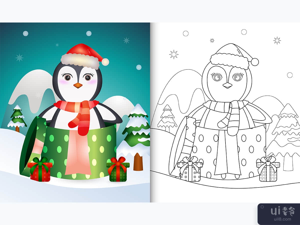 coloring book with a cute penguin christmas 