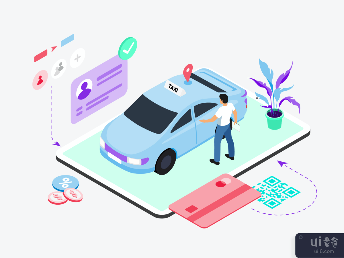 Booking Taxi by Digital Wallet Isometric Illustration