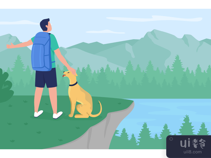 Backpacker with dog flat color vector illustration