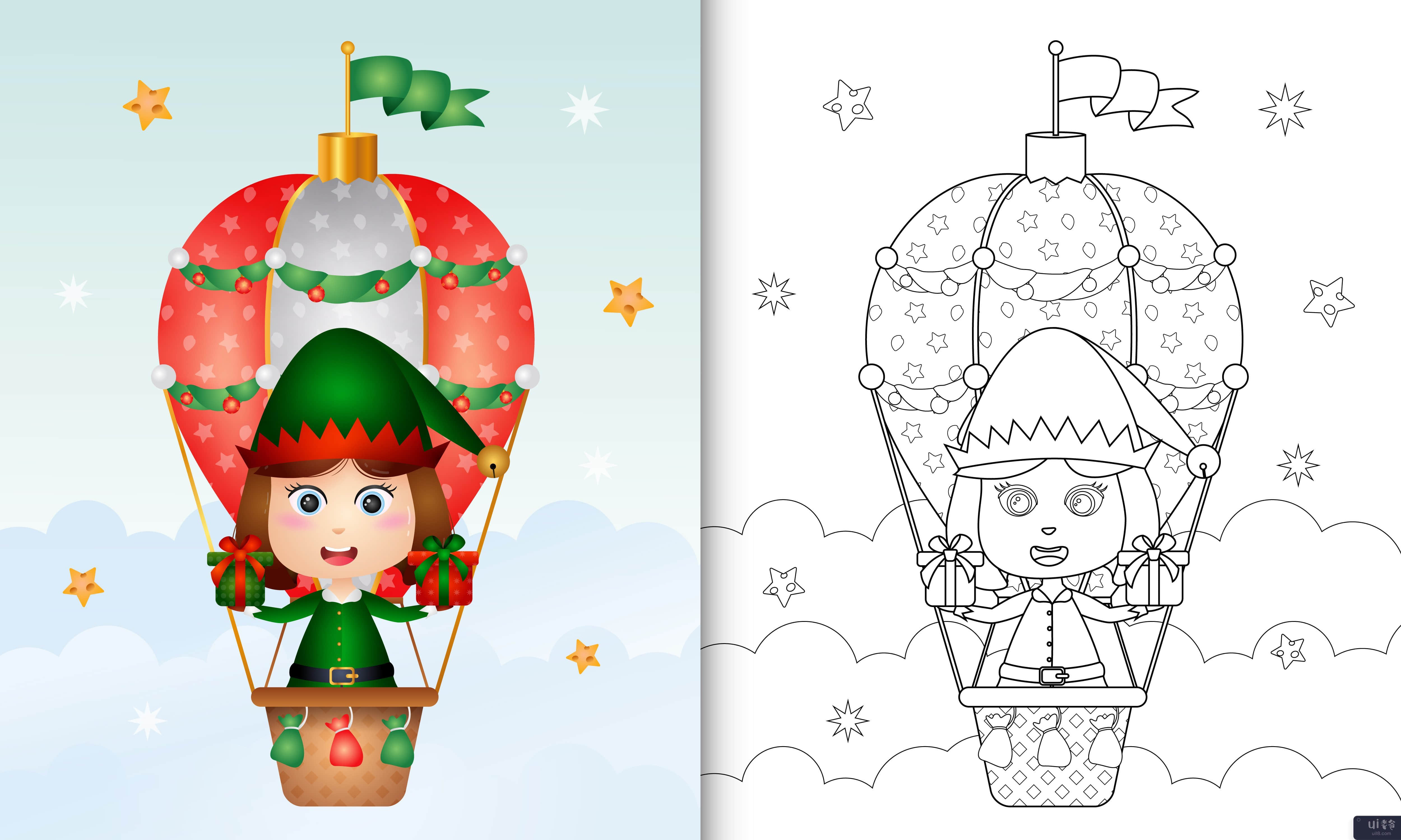 着色书与可爱的女孩精灵圣诞人物(coloring book with a cute girl elf christmas characters)插图2
