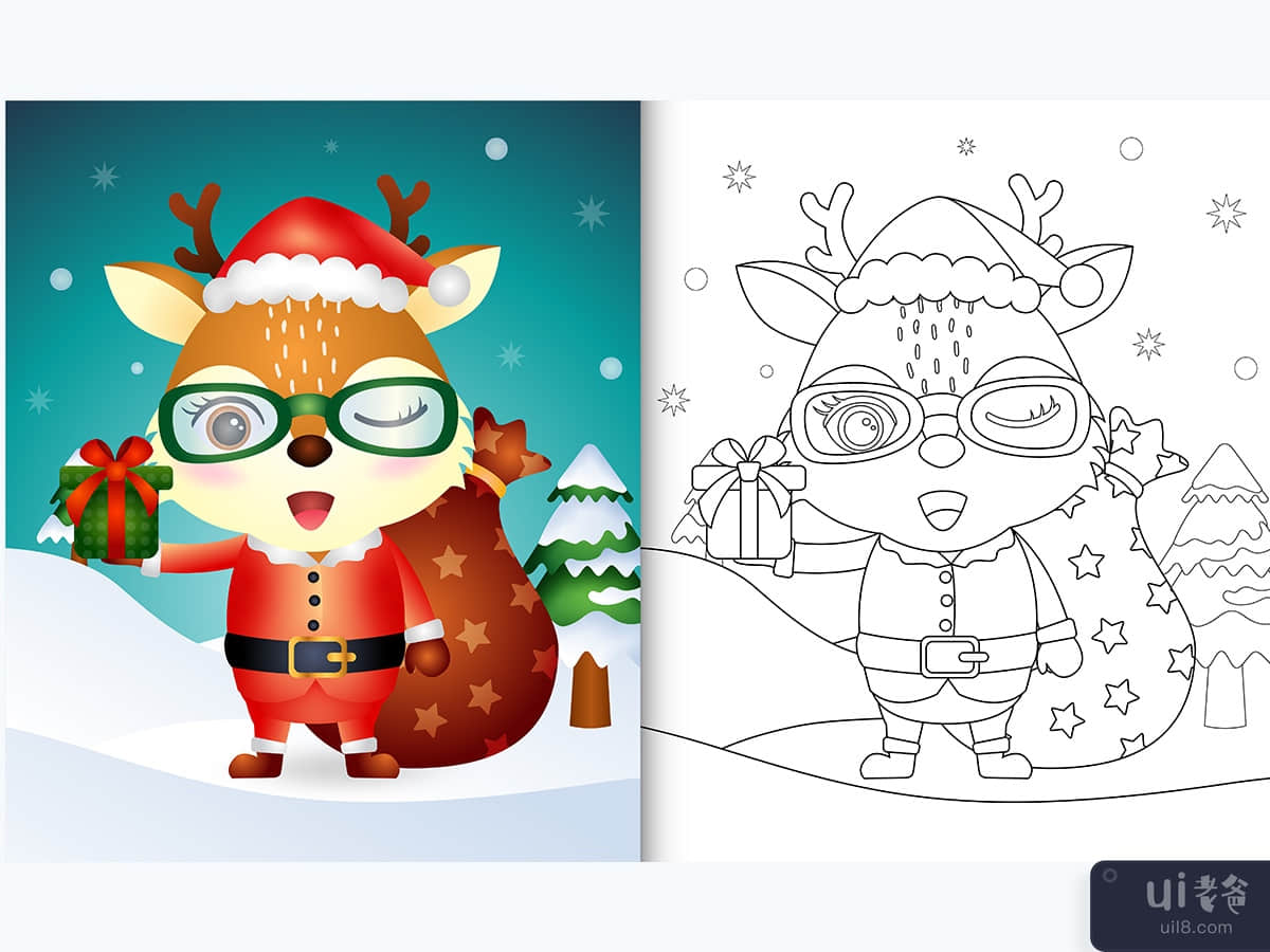 coloring book with a cute deer using santa clause costume