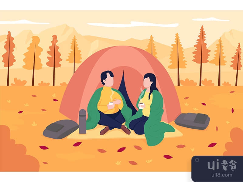 Couple camping in october flat color vector illustration
