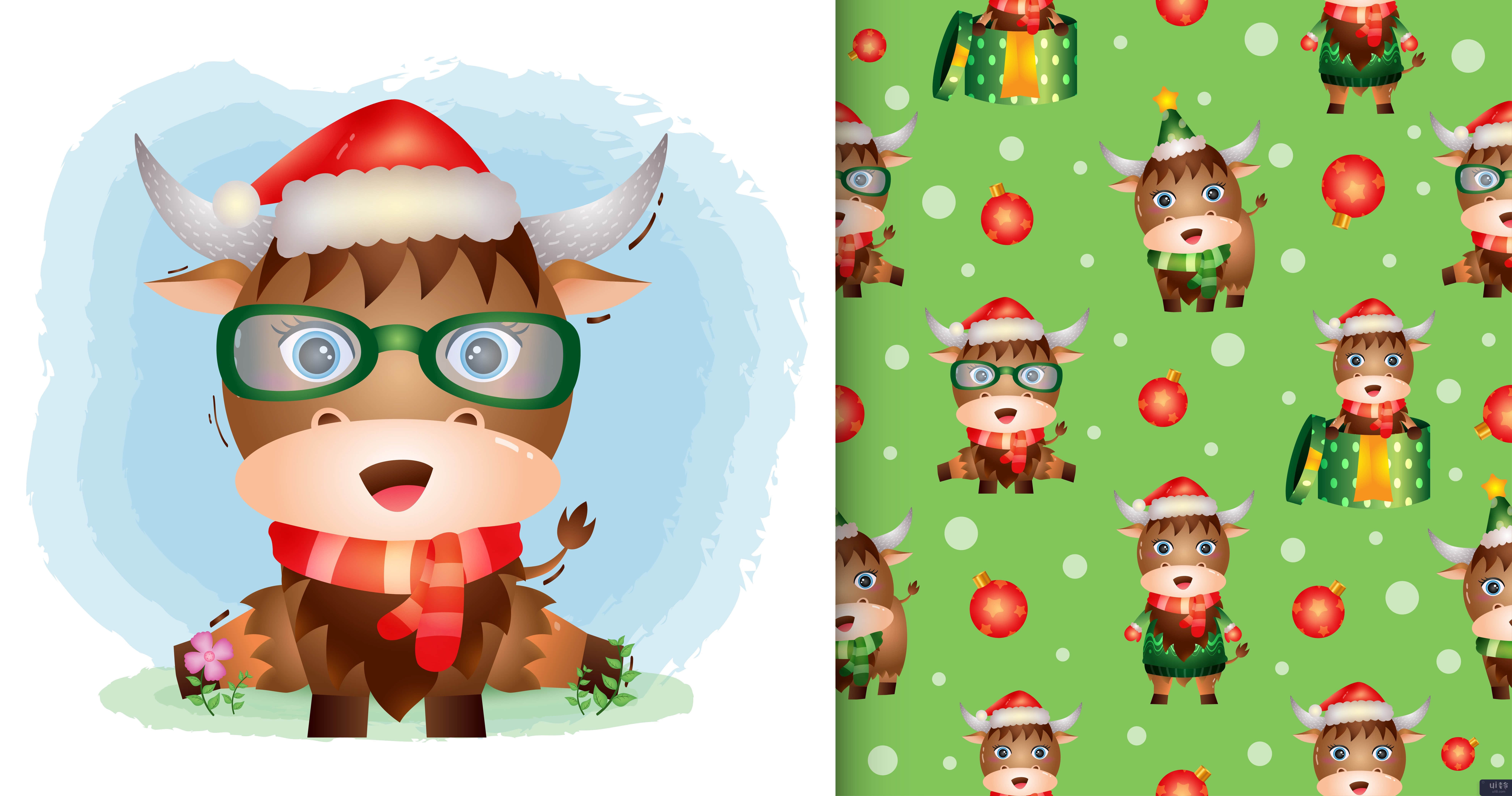 一个可爱的水牛圣诞人物系列(a cute buffalo christmas characters collection)插图2