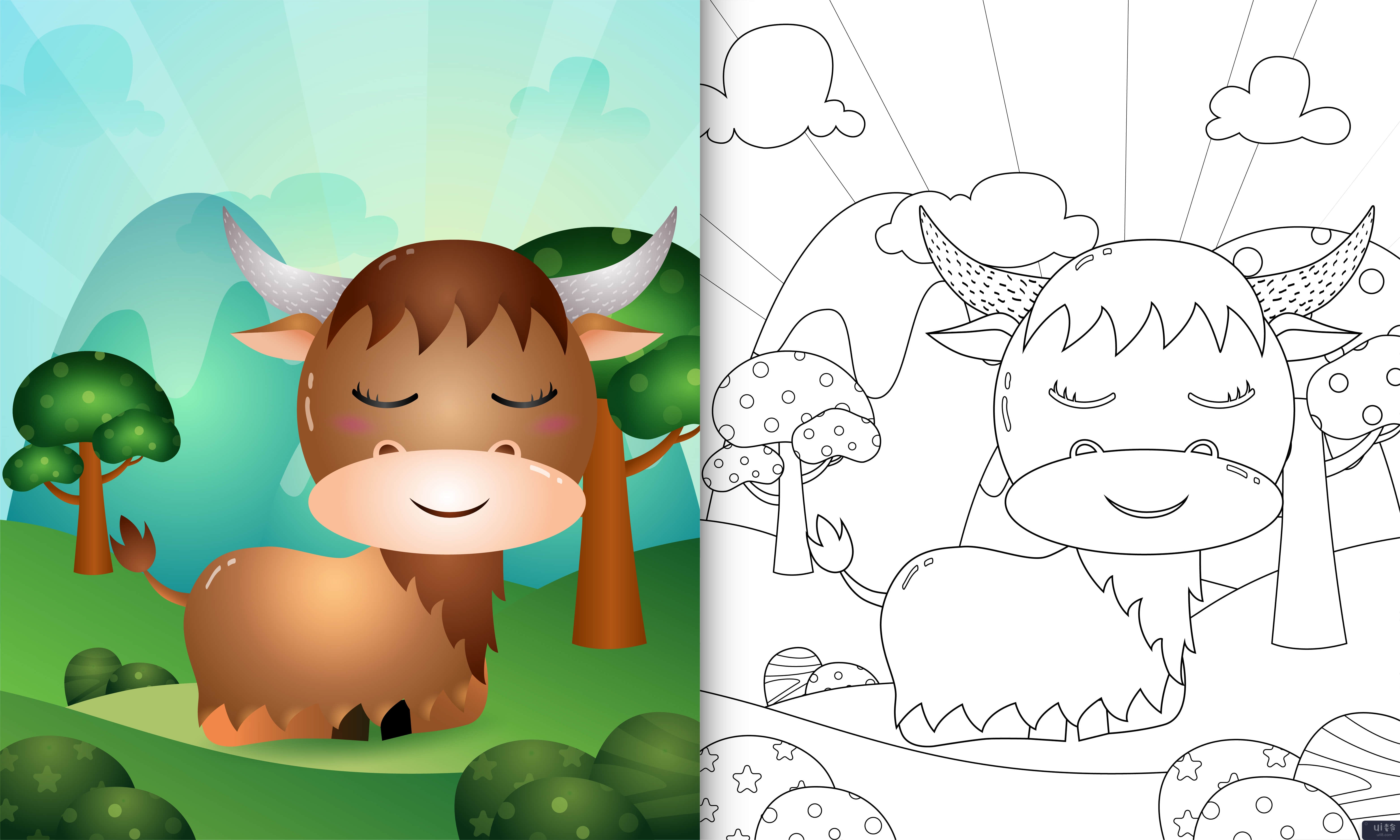 带有可爱水牛角色插图的儿童着色书(coloring book for kids with a cute buffalo character illustration)插图2