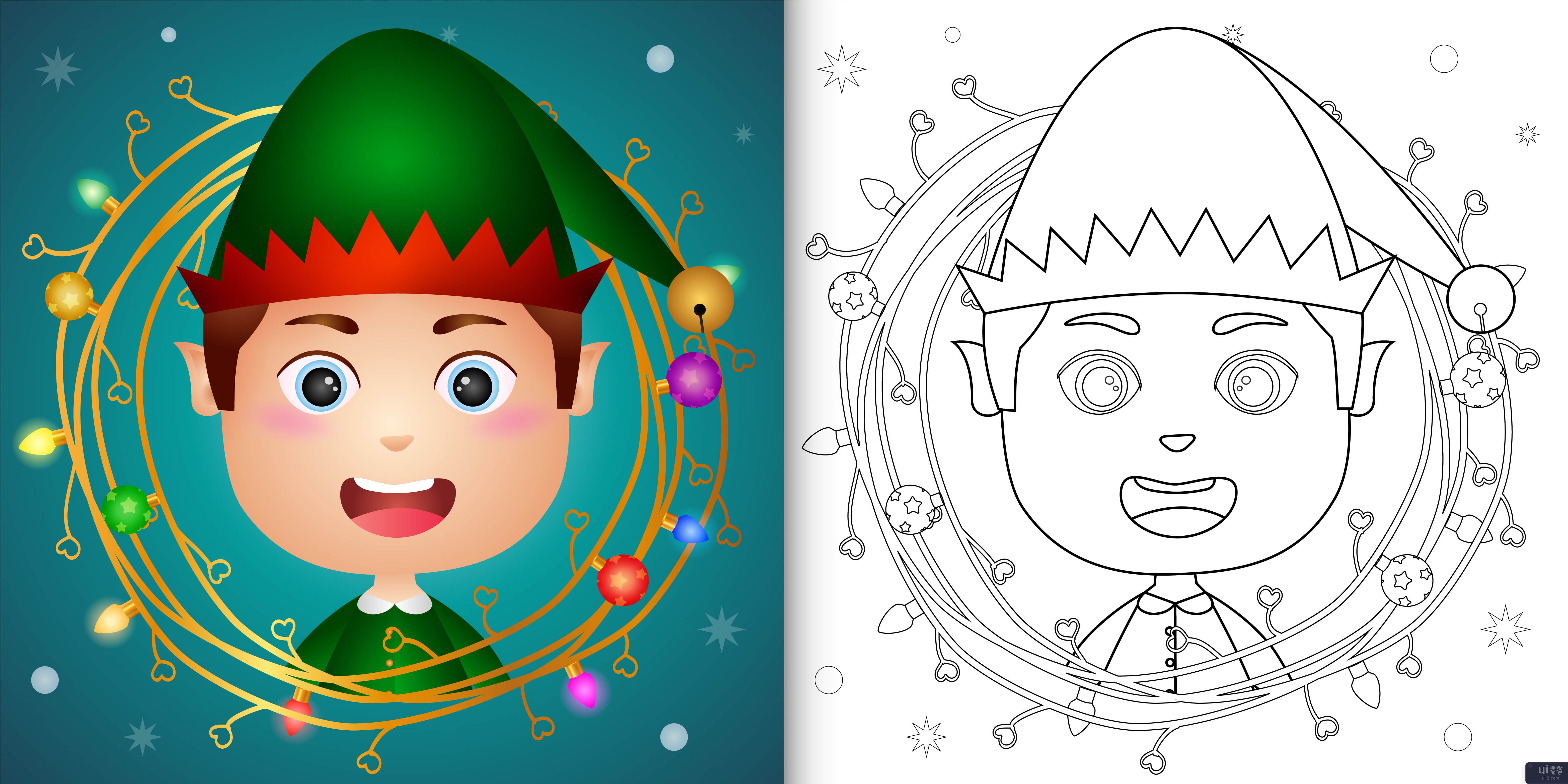 着色书与可爱的男孩精灵与树枝装饰圣诞节(coloring book with a cute boy elf with twigs decoration christmas)插图2