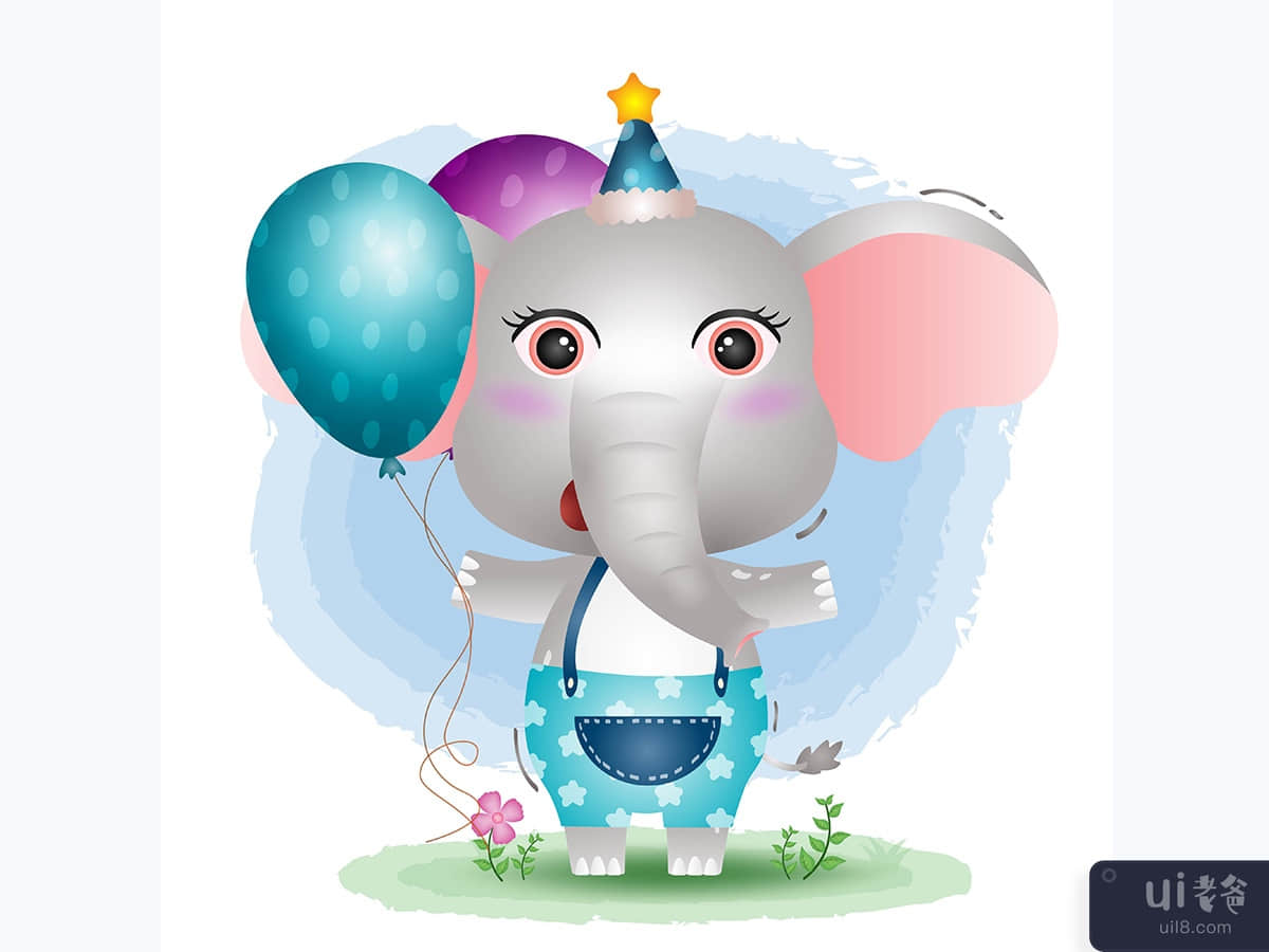 a cute elephant using birthday hat and holds balloon