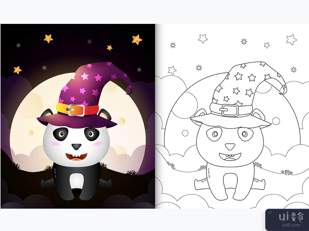 coloring book with a cute cartoon halloween witch panda front the moon