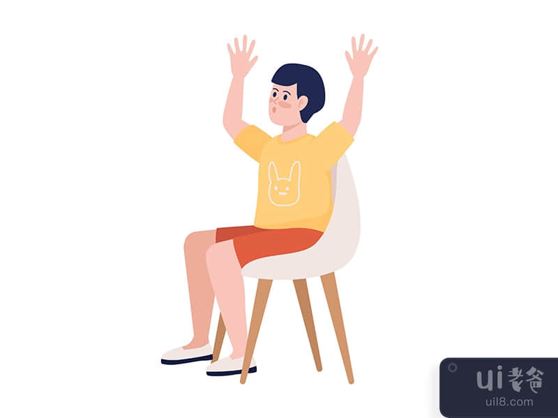 Boy with his hands up semi flat color vector character