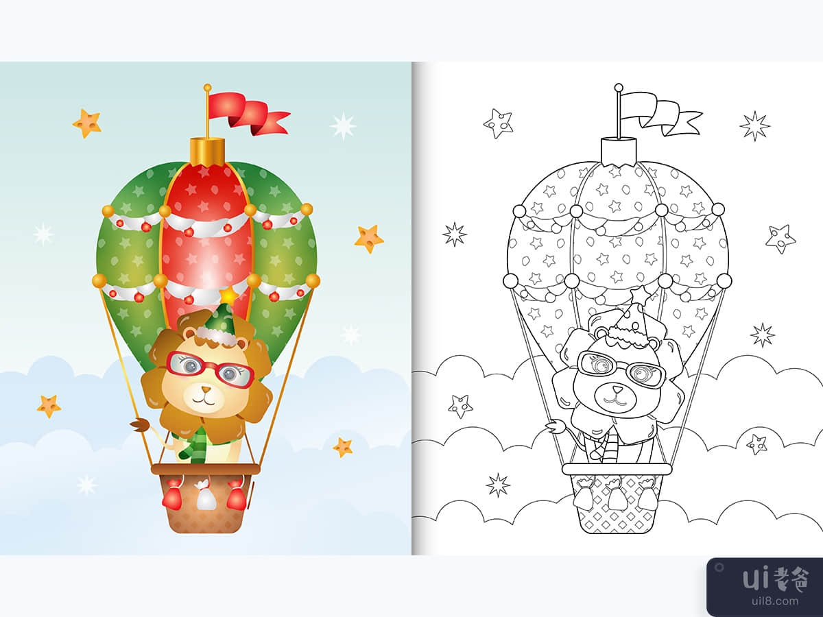 coloring book with a cute lion christmas characters on hot air balloon 