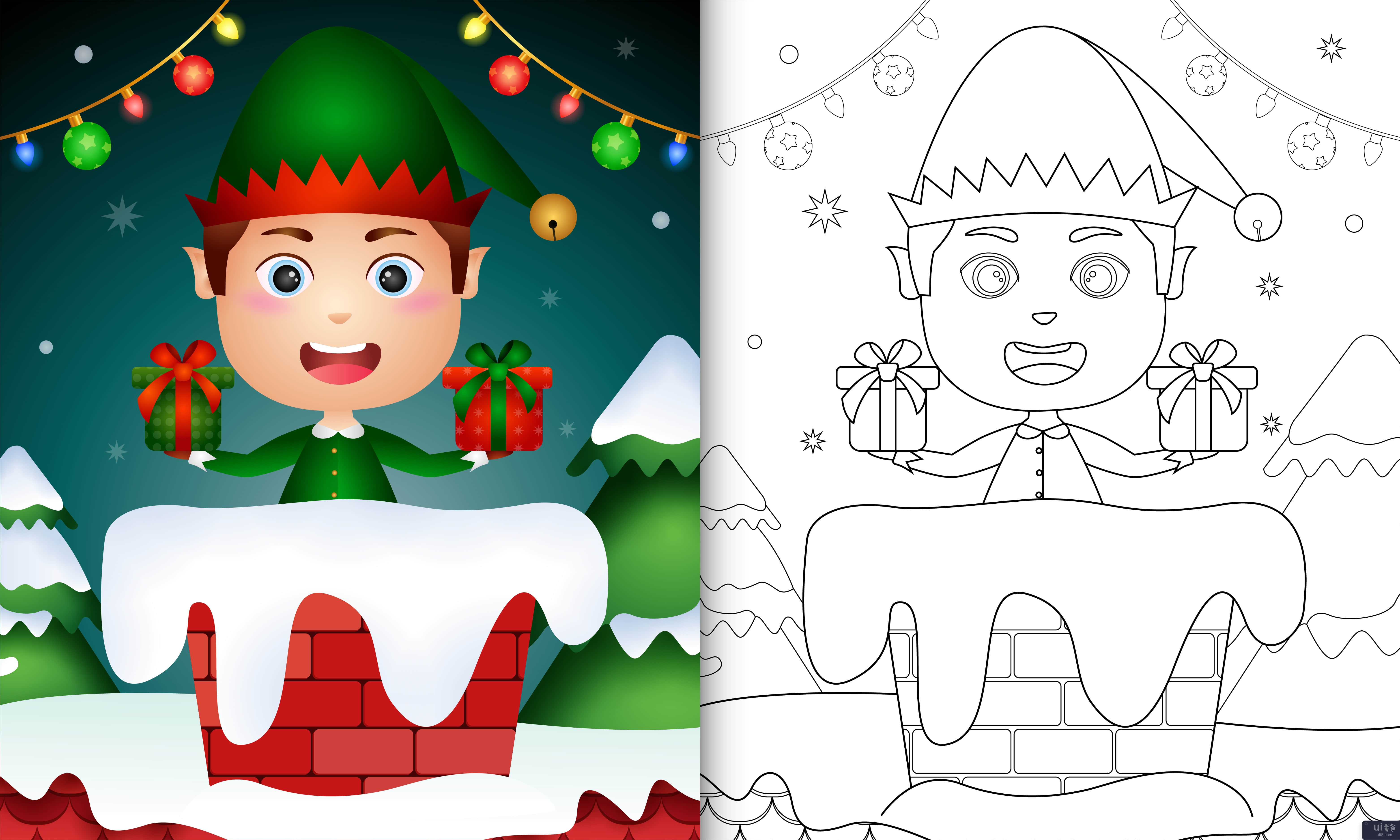 烟囱里有精灵男孩的孩子的可爱着色(cute coloring for kids with elf boy in chimney)插图2