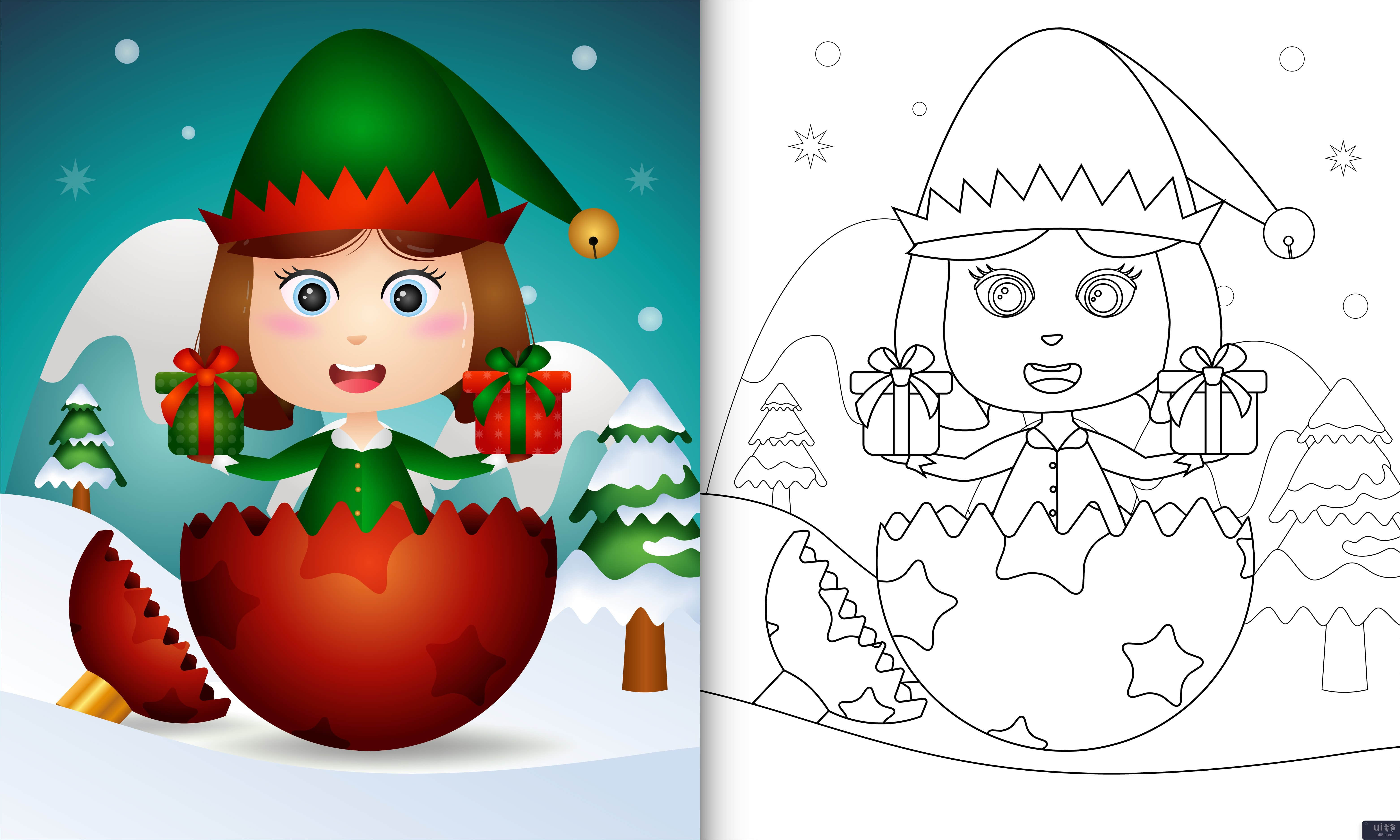 在圣诞舞会上为可爱的精灵女孩着色(coloring for kids with a cute elf girl in christmas ball)插图2