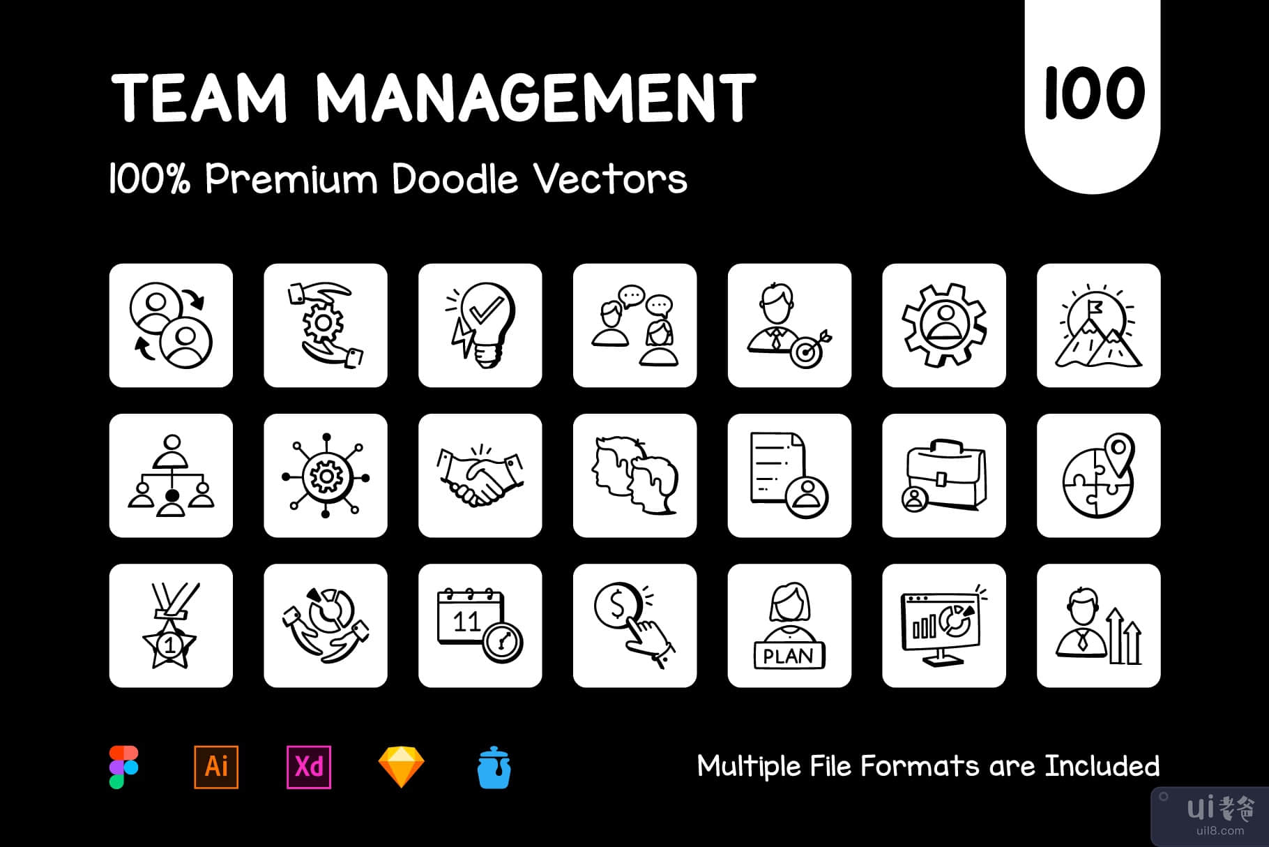 100 个管理团队图标矢量图(100 Management Team Icon Vectors)插图8