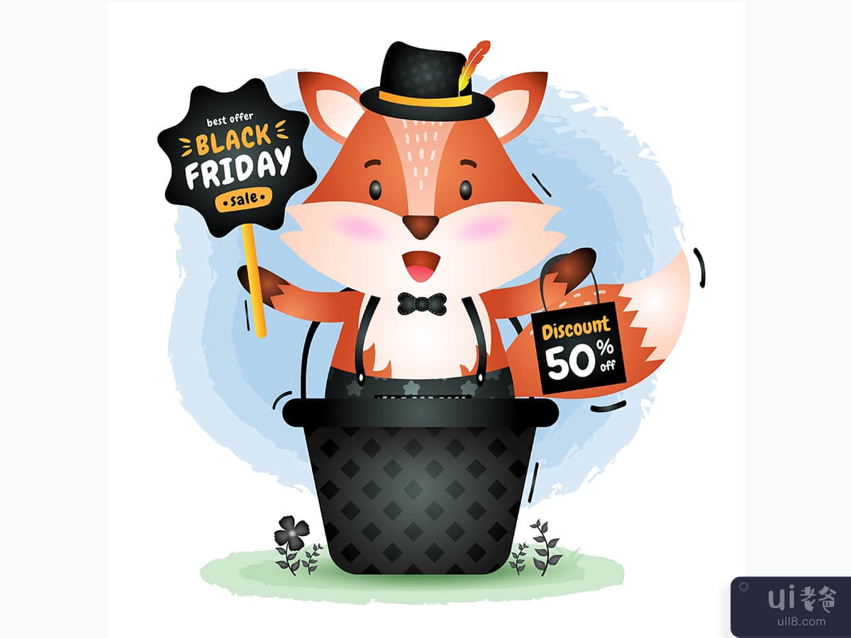 黑色星期五促销，篮子里有一只可爱的狐狸(Black friday sale with a cute fox in the basket)插图2