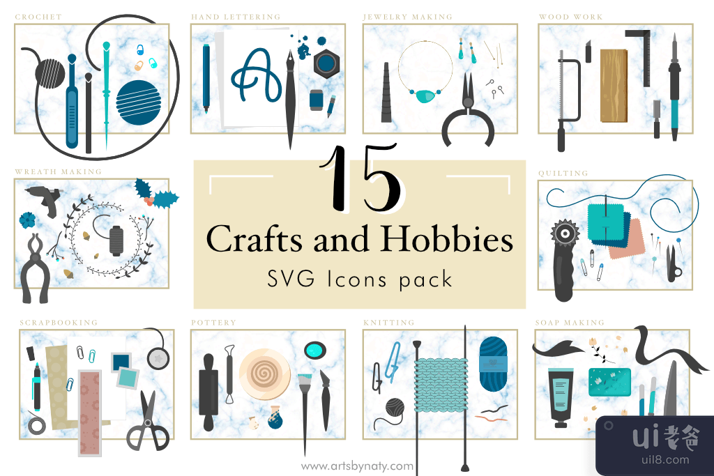 15 个手工艺和爱好 SVG 图标包。(15 Crafts and Hobbies SVG Icons pack.)插图9