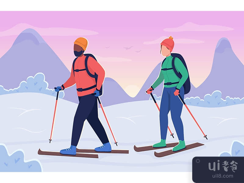 Couple skiing flat color vector illustration