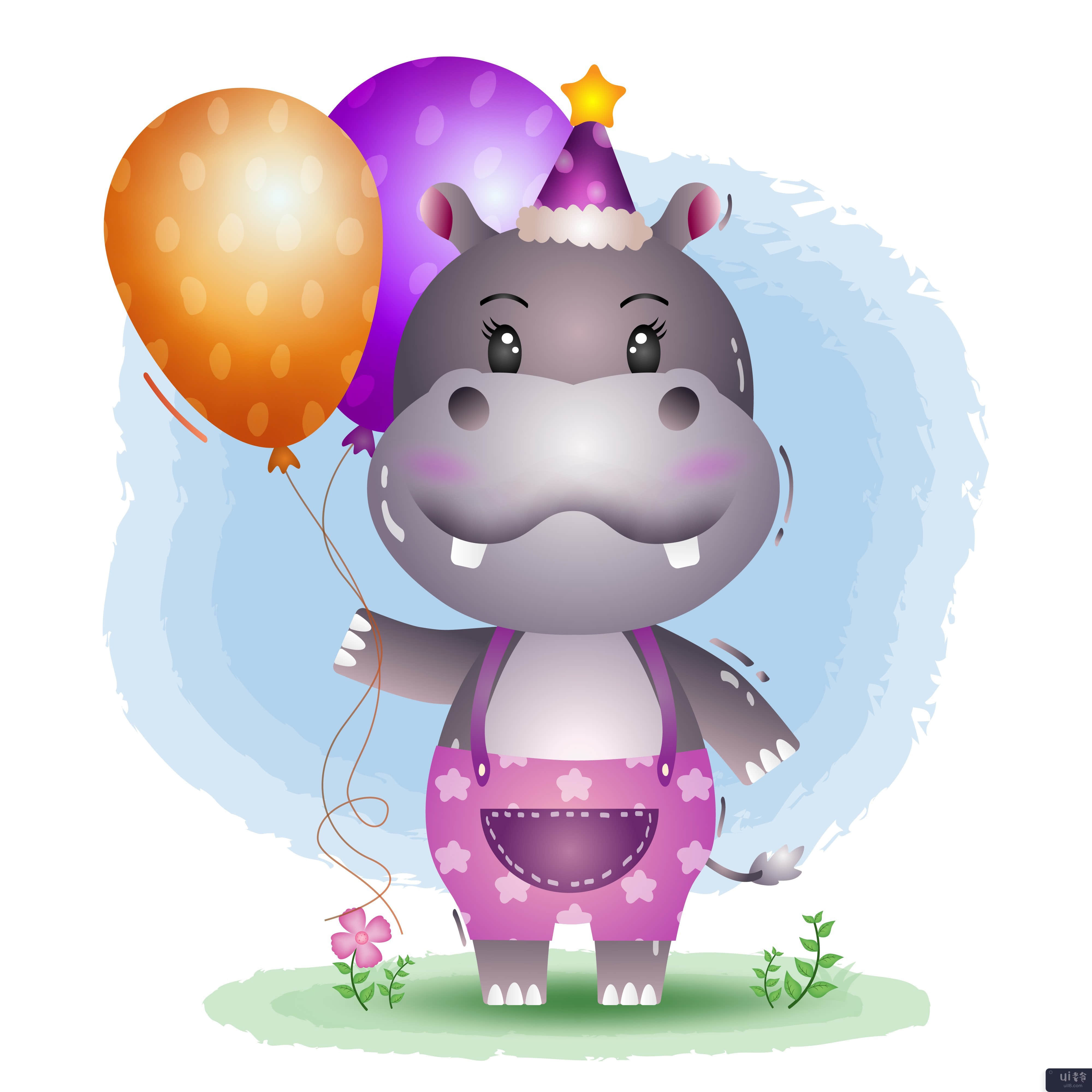 一只可爱的河马，戴着生日帽，拿着气球(a cute hippo using birthday hat and holds balloon)插图2