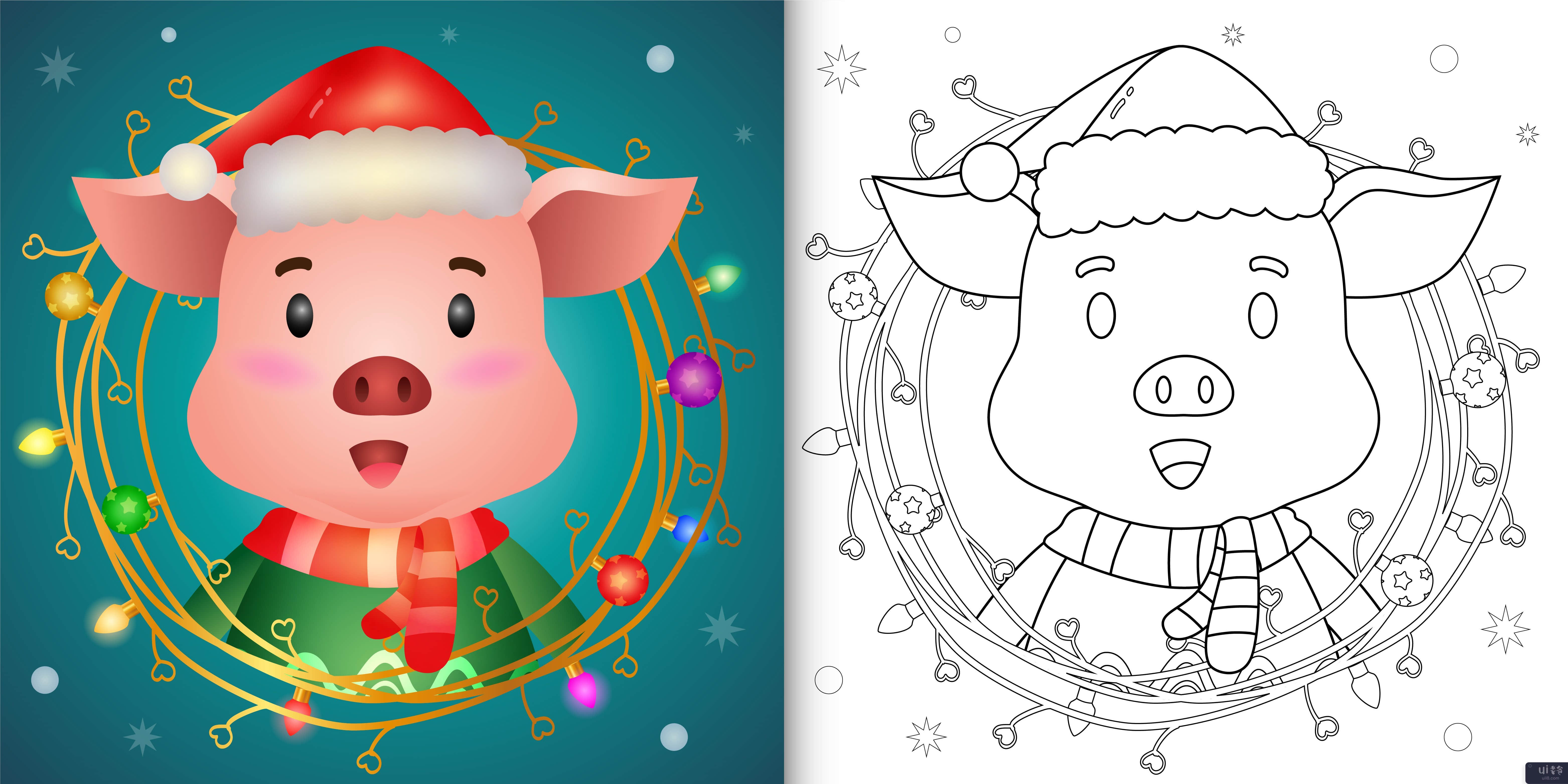着色书与可爱的猪与树枝装饰圣诞节(coloring book with a cute pig with twigs decoration christmas)插图2
