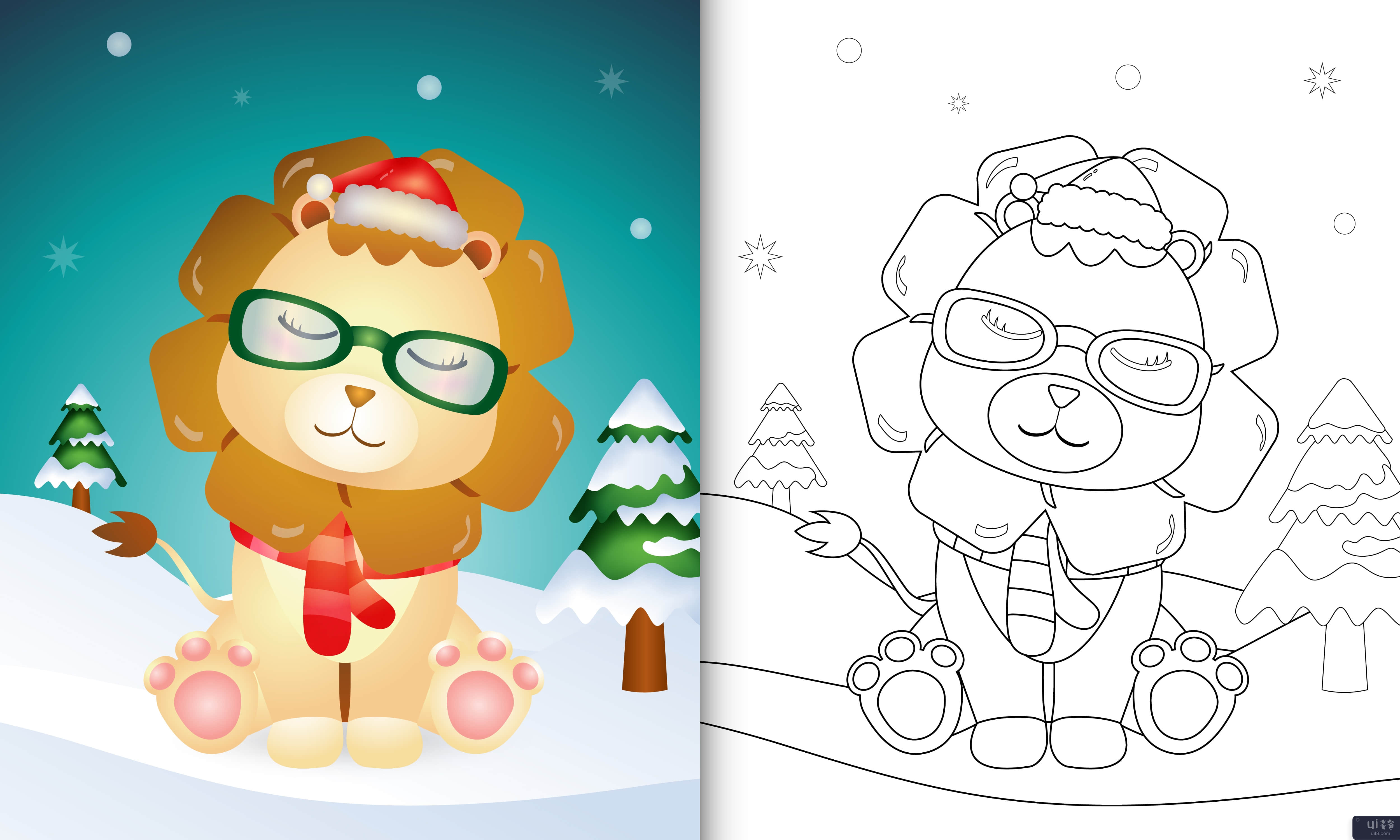 带有可爱的狮子圣诞人物的图画书(coloring book with a cute lion christmas characters)插图2