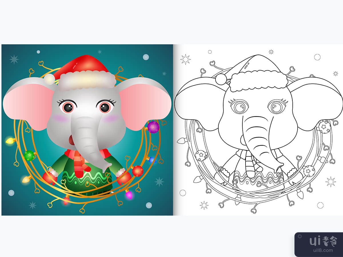 coloring book with a cute elephant with twigs decoration christmas