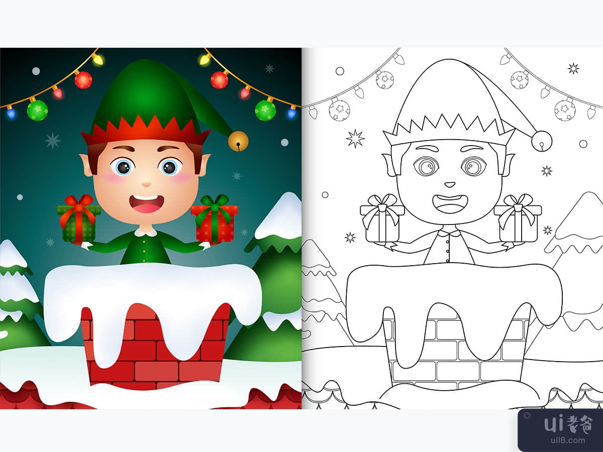 cute coloring for kids with elf boy in chimney