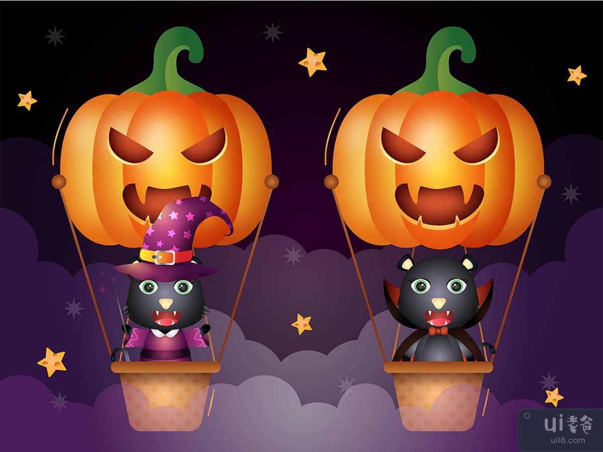 Cute black cat with halloween costume on pumpkin air balloon