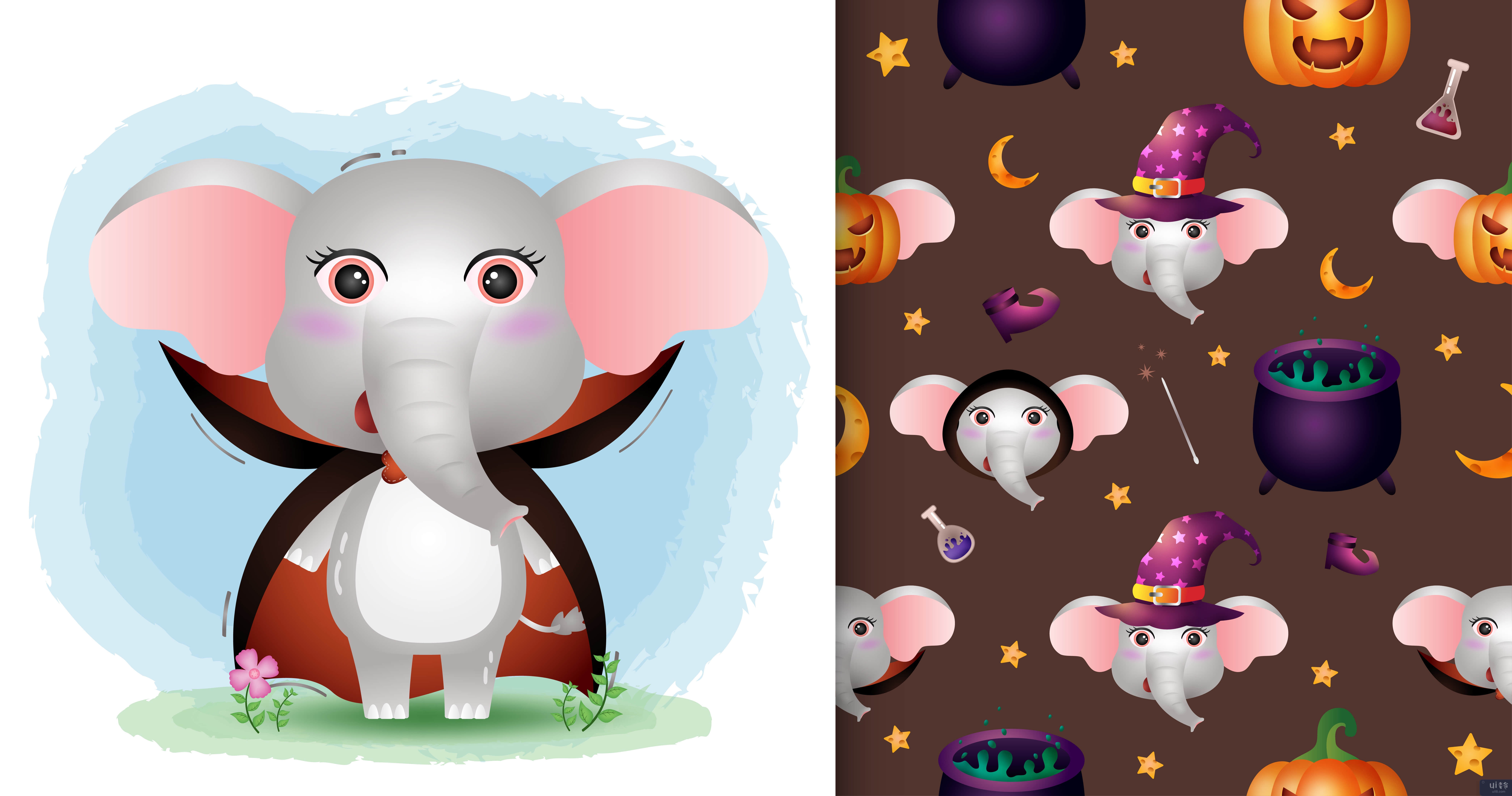 一头可爱的大象，穿着德古拉服装万圣节人物无缝图案(a cute elephant with dracula costume halloween character seamless pattern)插图2