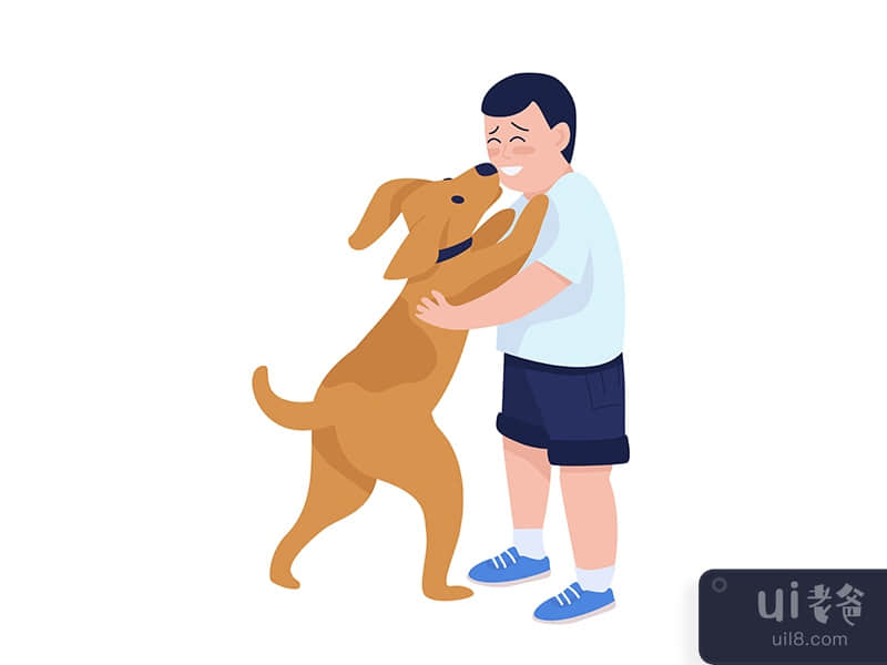 Boy playing with dog semi flat color vector character
