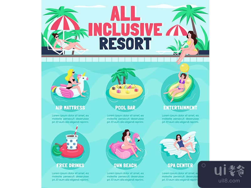 All inclusive resort flat color vector informational infographic template
