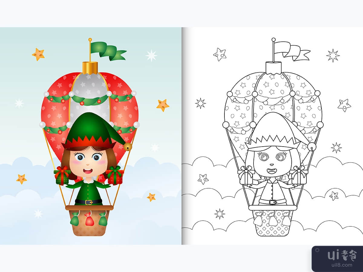 coloring book with a cute girl elf christmas characters