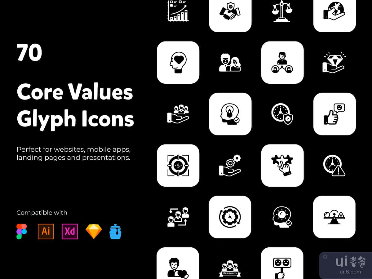 70 Core Values Glyph Icons 