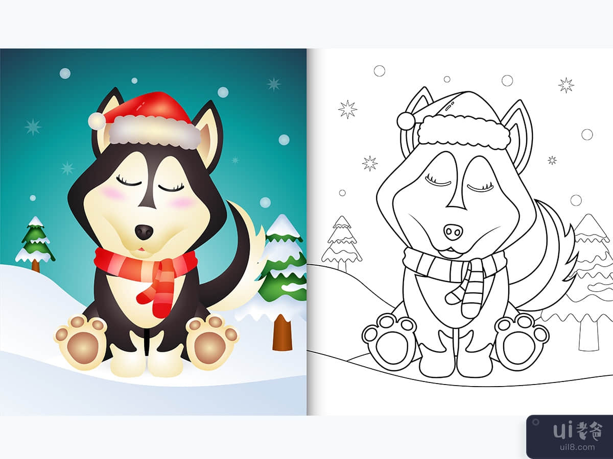 coloring book with a cute husky dog christmas characters 