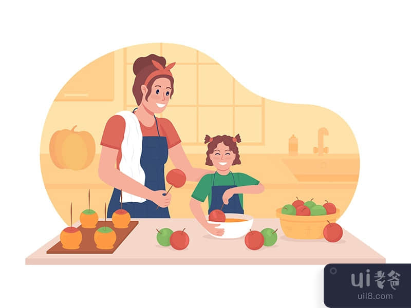 Cooking with kid in fall 2D vector isolated illustration