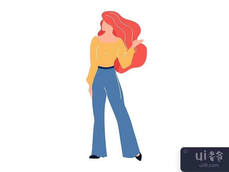 Beautiful woman with wavy ginger hair semi flat color vector character