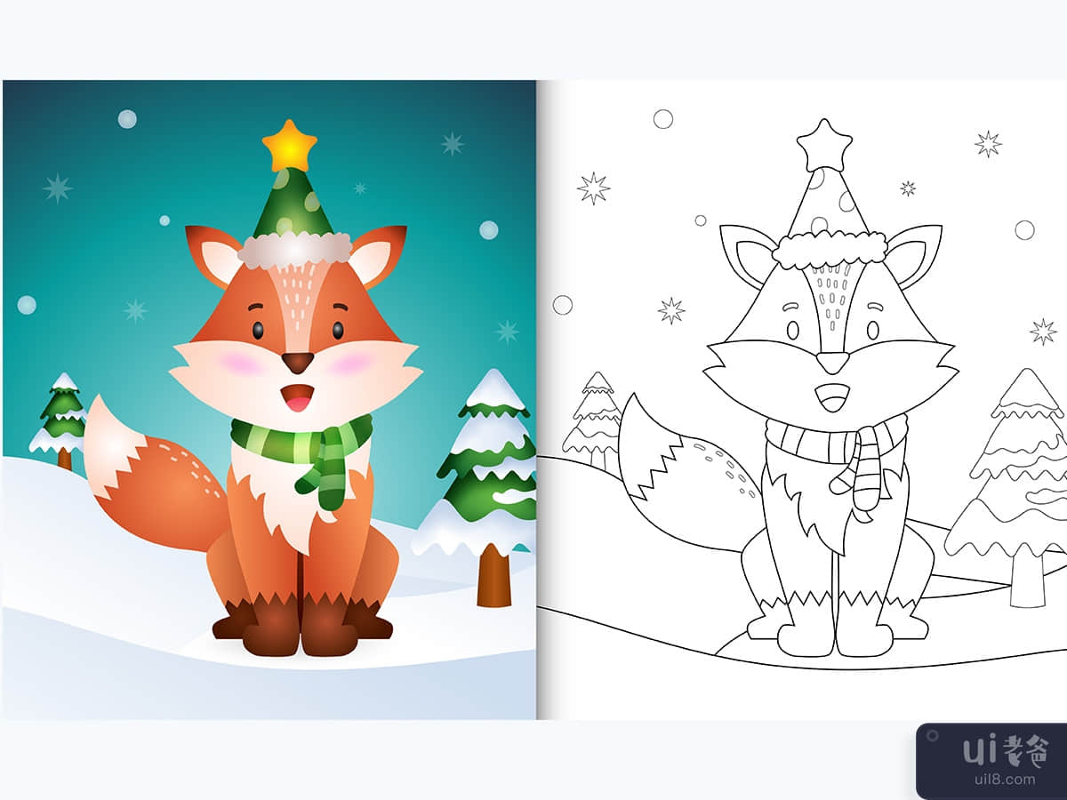 带有帽子和围巾的狐狸圣诞人物系列的着色书(coloring book with a fox christmas characters collection with a hat and scarf)插图2
