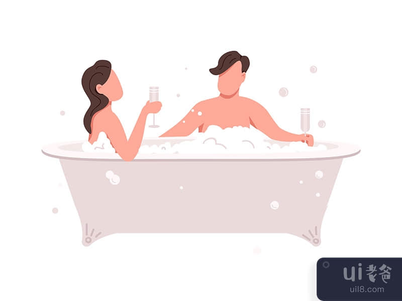 Couple celebrating anniversary in bathtub semi flat color vector characters