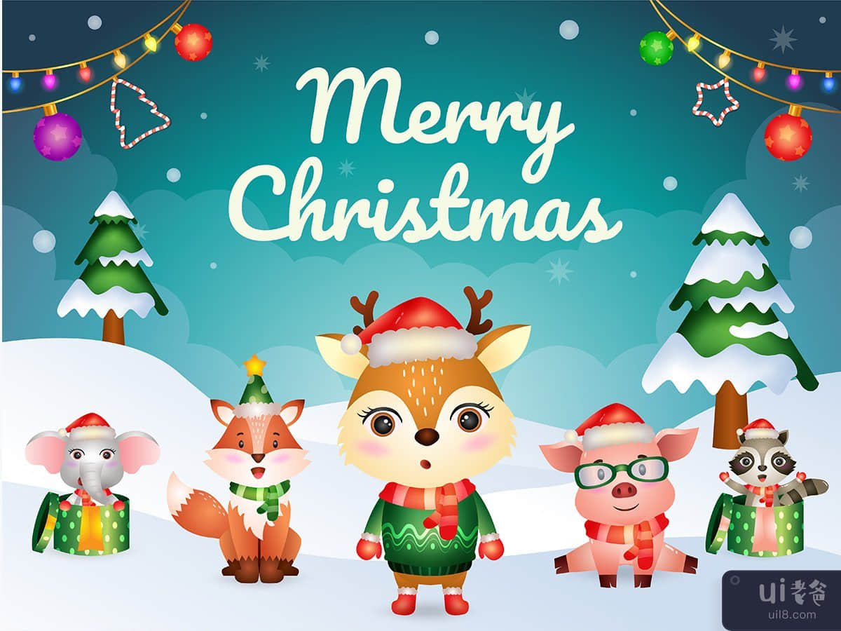 带有动物角色的圣诞贺卡(christmas greeting card with animals character)插图2