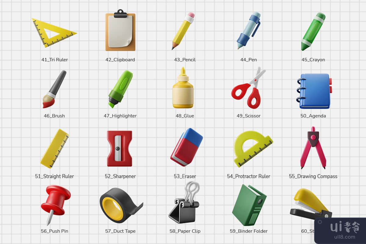 3D 图标集-教育卷。 03 文具/学习用品(3D Icon Set - Education Vol. 03 Stationery / School Supplies)插图7
