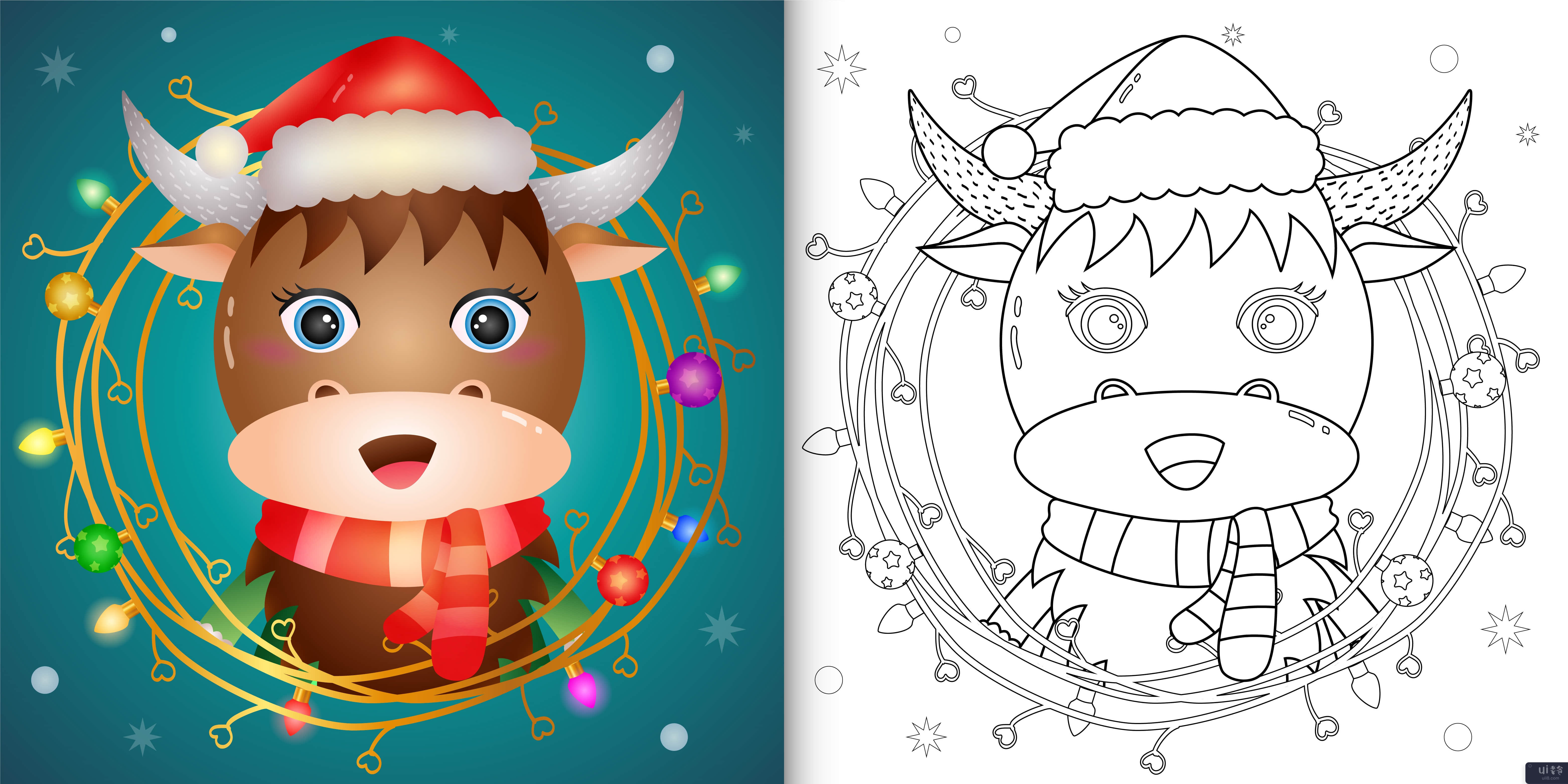 着色书与可爱的水牛与树枝装饰圣诞节(coloring book with a cute buffalo with twigs decoration christmas)插图2