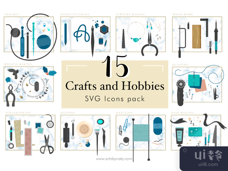 15 Crafts and Hobbies SVG Icons pack.