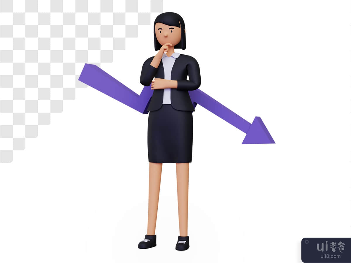 3d business going down with businesswoman character