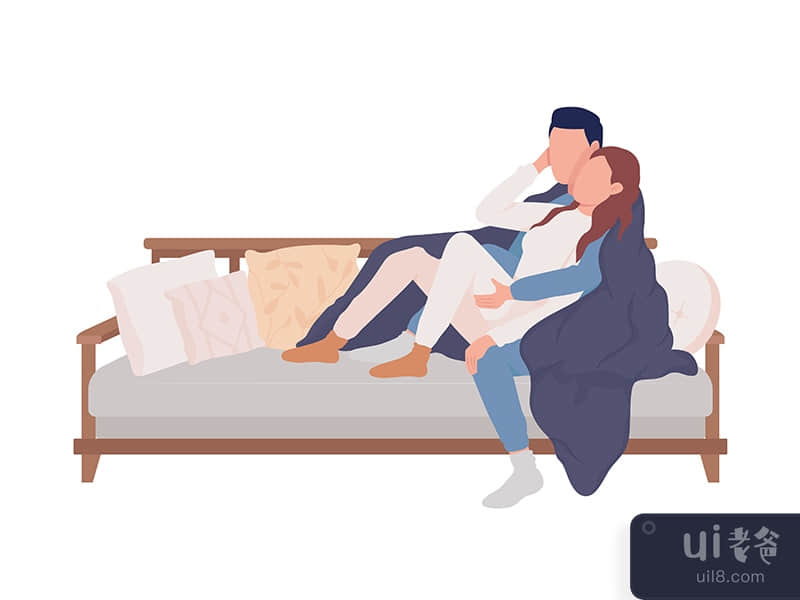 Couple resting on sofa semi flat color vector characters