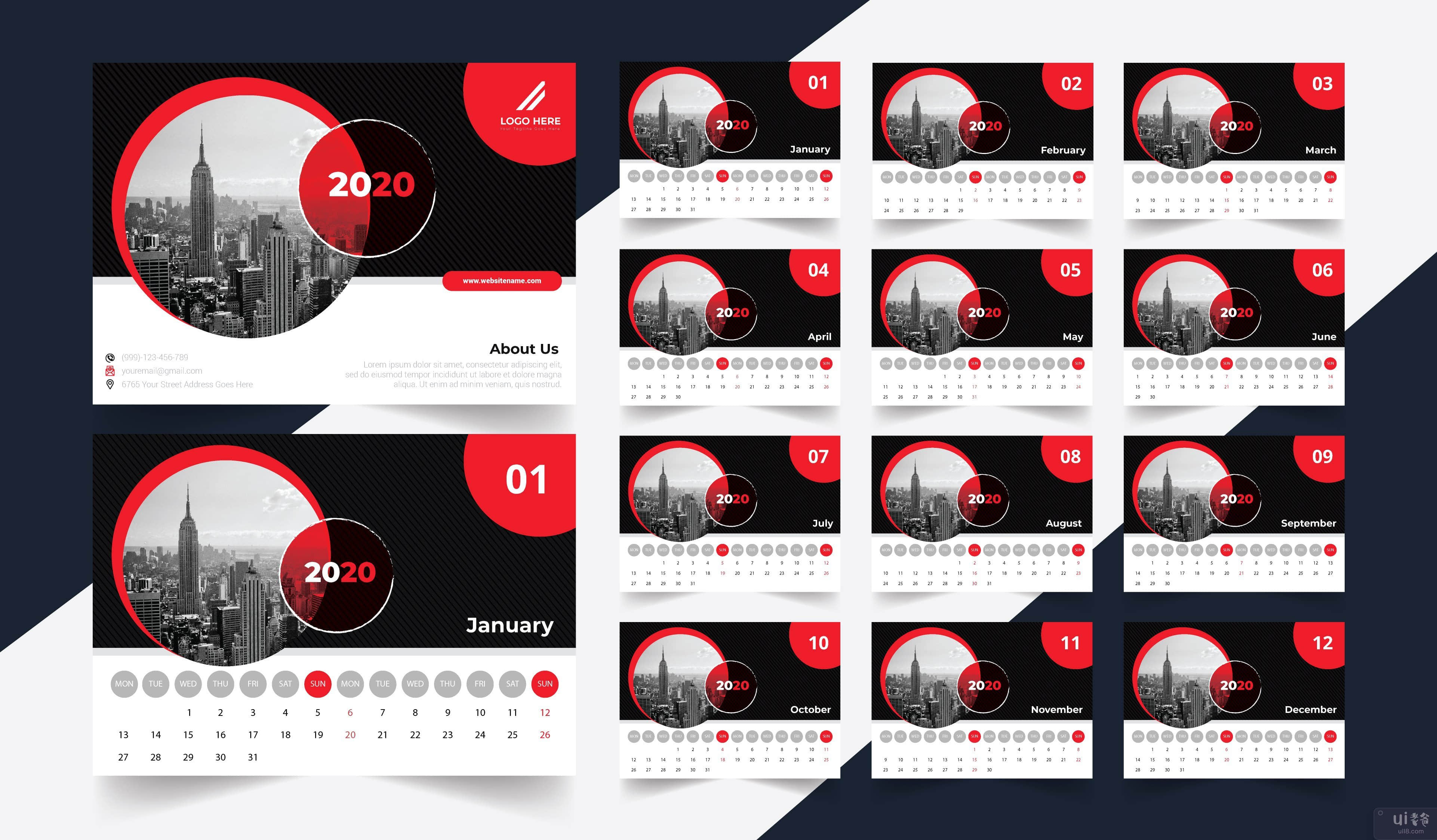 2020 现代桌面日历模板(2020 Modern Desk Calendar Template)插图2