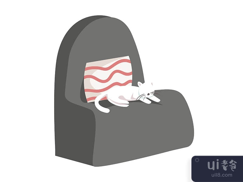 Armchair with cushion and white cat semi flat color vector object